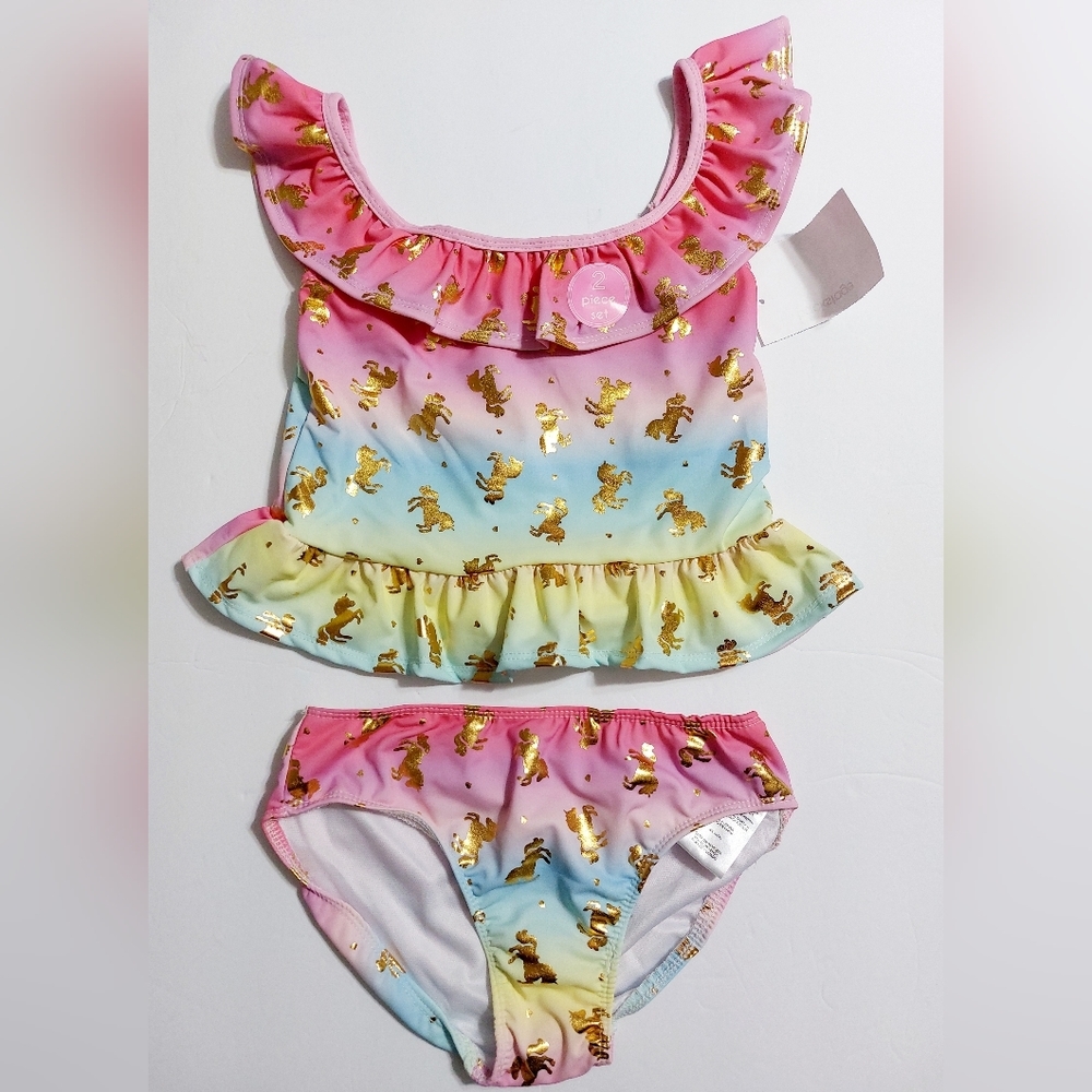 Girls Unicorn Ombre 2-Piece Swimsuit Ruffle Top Gold Foil Print Size 12 NWT - Picture 3 of 7